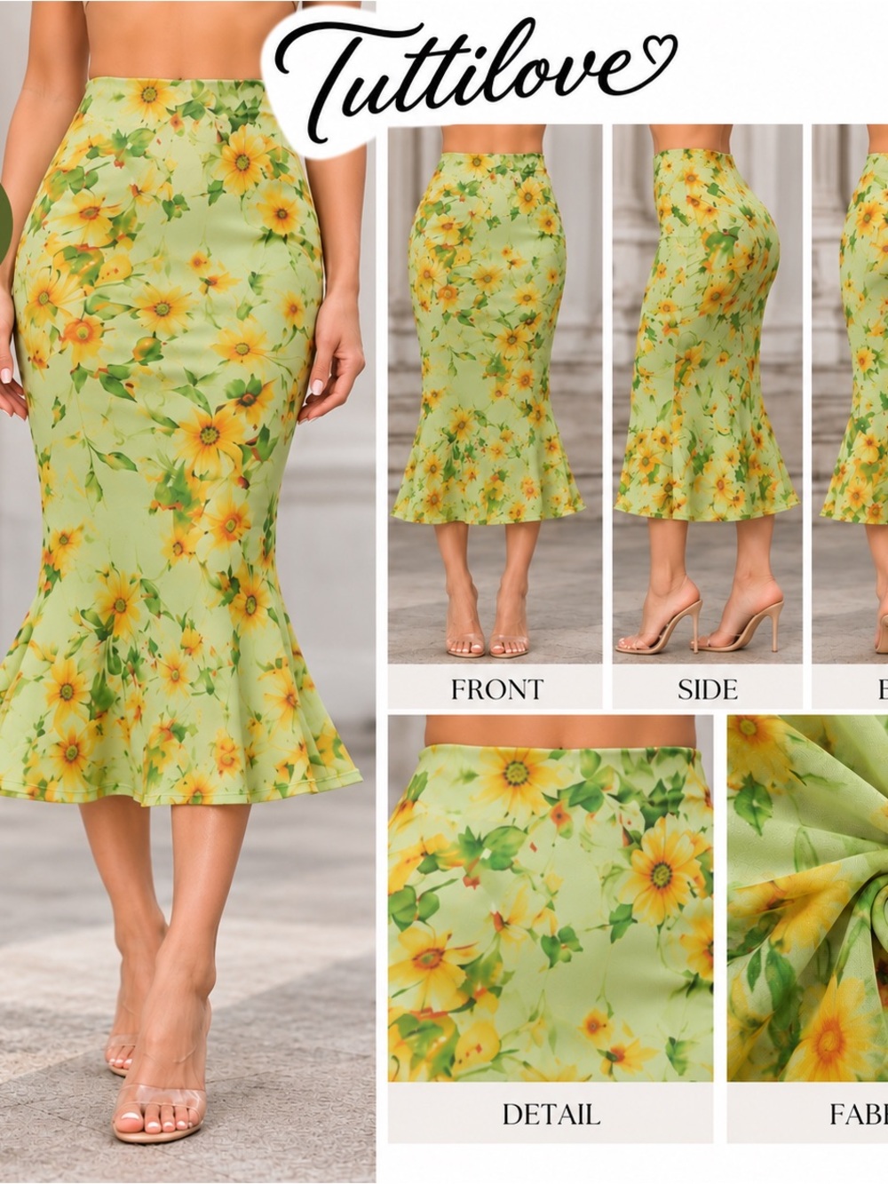 Green Floral High-Low Mermaid Skirt
